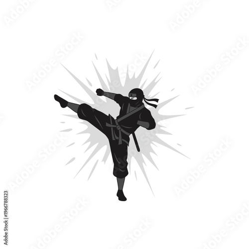 Ninja performing a powerful side kick with a dynamic splash effect, isolated on white background.
