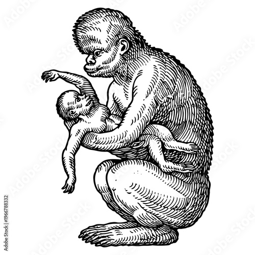 Vintage engraving of monkey holding baby, antique natural history illustration