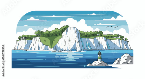 White cliffs rise from a blue sea with a lighthouse on rocks