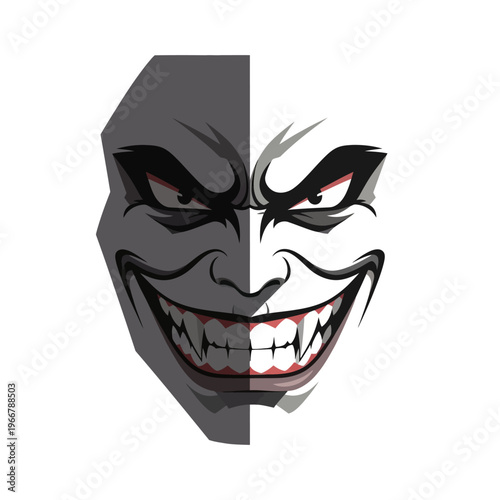 Split Personality Joker Face - Evil Grin, Dark Shadow, White Mask, Villainous Eyes