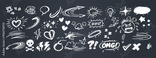 Anime doodle expressions and comic line movement icons in white effect style for energetic composition. These expressions movement doodle graphics feel clean and vivid.