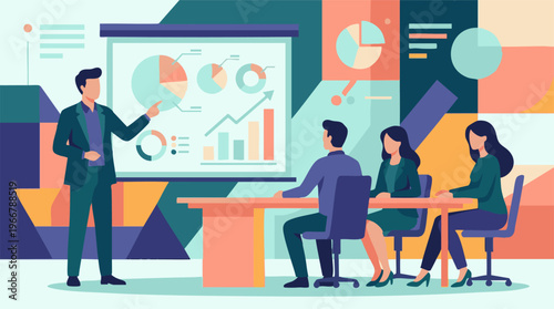 Business team presentation with charts and graphs for data analysis