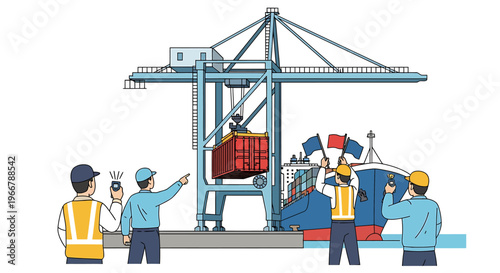 Workers overseeing container ship loading and unloading operations.