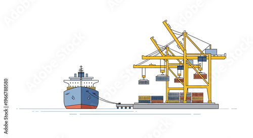 Cargo Ship Docked at Port with Cranes Unloading Containers.