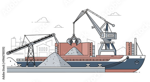 Bulk cargo ship loading with cranes and conveyor belt.