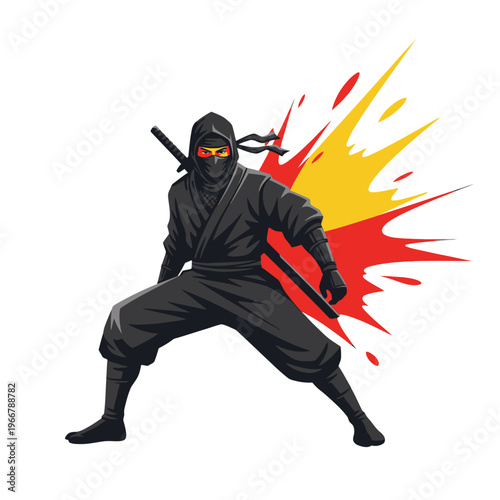 Dynamic Ninja Warrior Action Pose with Fiery Energy Burst
