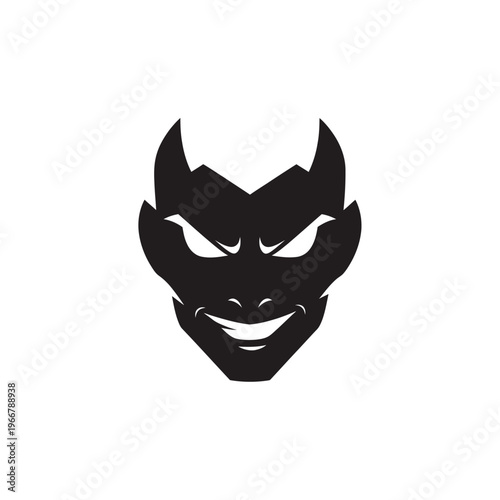 Black Devil Face Icon, Evil Grin, Horns, Angry Eyes, Vector Illustration