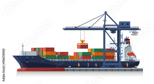 Cargo Ship with Crane Loading Containers at Port.