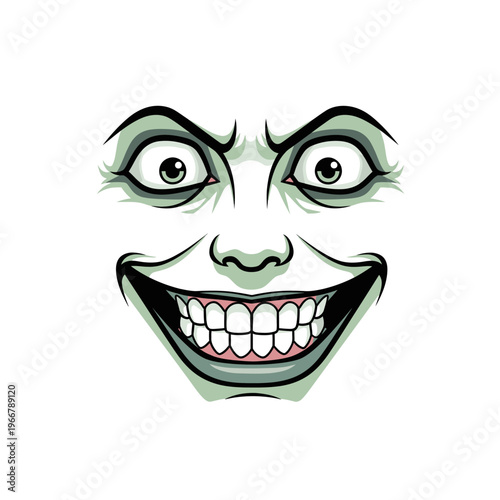 Creepy Joker Face with Wide Grin and Intense Eyes - Illustration