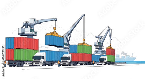 Busy port logistics operations with cranes loading and unloading shipping containers onto trucks.
