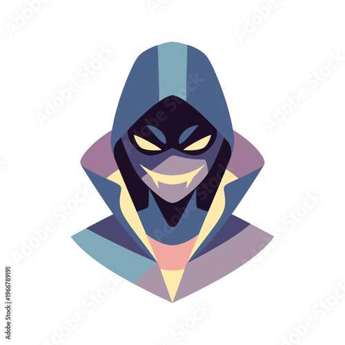 Mysterious hooded figure with glowing eyes and fangs, dark fantasy character illustration
