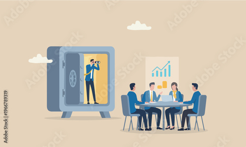 Safe haven investme teams together wealth from inflation, financial security concept, businessman look through binocular from secured open safe