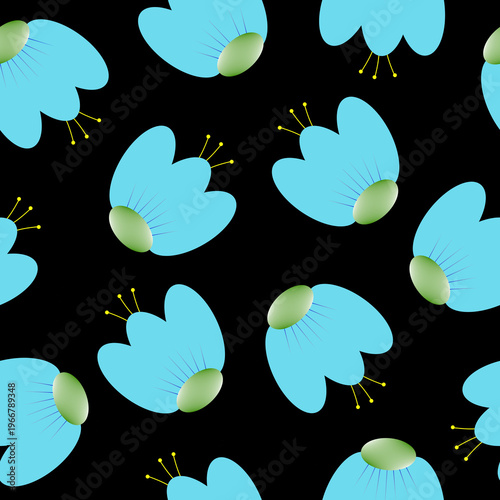 Seamless floral pattern with blue abstract flowers on black background. Bold and modern decorative design with strong contrast.