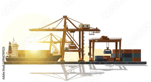 Cargo ship and cranes at a bustling port during sunrise.
