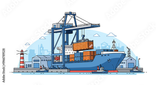 Large cargo ship being loaded at a busy port terminal.