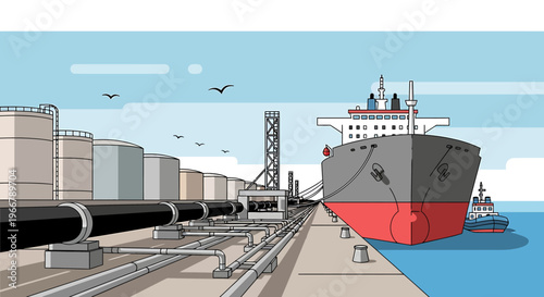 Large cargo ship docked at an industrial port.