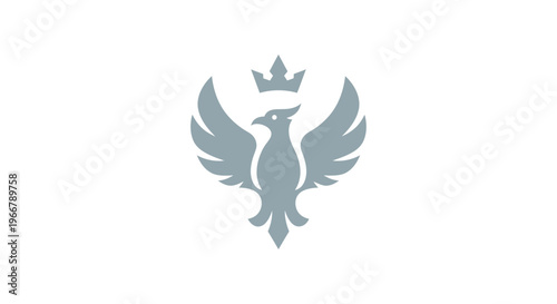 Stylized phoenix symbol with crown on white background, heraldic emblem