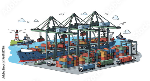 Busy shipping port with cargo ships and containers.