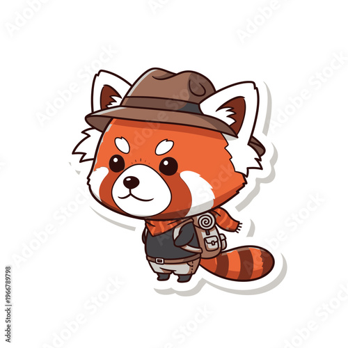 Cute Red Panda Explorer Character with Hat and Backpack, Cartoon Style