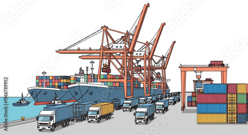 Bustling Port Scene with Cargo Ships, Cranes, and Trucks.