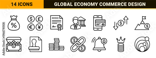 Minimalist Monoline Banking and Finance Icon Set featuring Geometric Line Art for Fintech, Investment, and Commercial Banking Services.