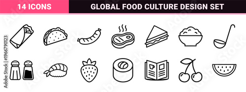 Professional Food and Beverage Line Art for Commercial Dining Menus and App Interfaces featuring Minimalist Monoline Geometric Aesthetic.