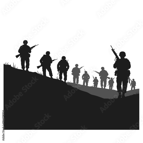 Silhouette Soldiers Advancing Uphill with Rifles Against White Background