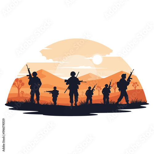 Silhouette Soldiers Group on Desert Landscape at Sunset