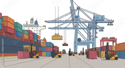 Busy shipping port with cargo containers, cranes, and forklifts.
