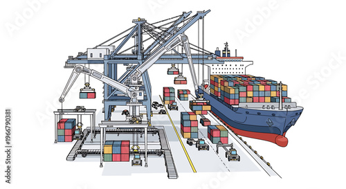 Cargo ship being loaded at port with cranes and containers.