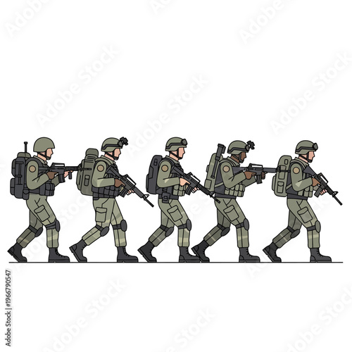 Pixel Art Soldiers Marching, Military Team, Tactical Gear, Assault Rifles, White Background