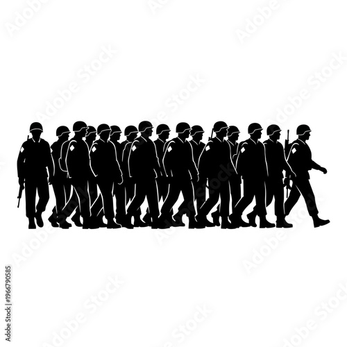 Silhouette of soldiers marching in formation with rifles, military concept, white background