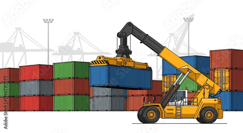 Yellow reach stacker lifting blue shipping container.