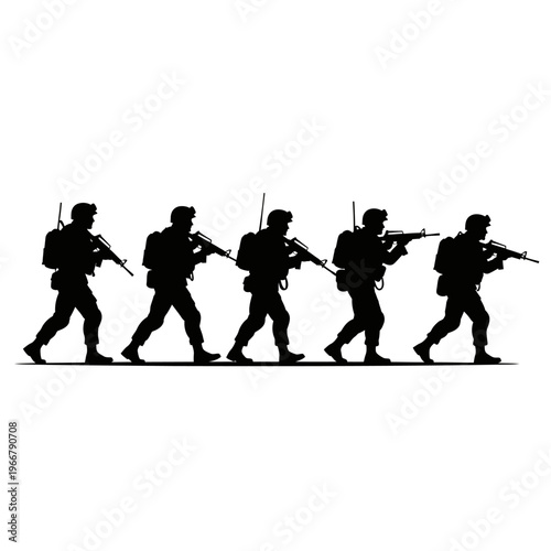 Silhouette of soldiers marching with rifles against white background