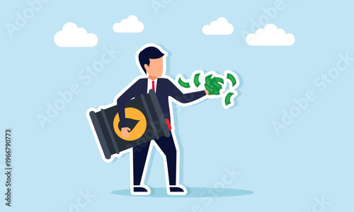 Businessman carrying money and oil barrel illustration of success in oil trading business and financial growth in energy market