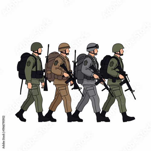 Four soldiers marching in formation with rifles and backpacks, military, army, teamwork, tactical