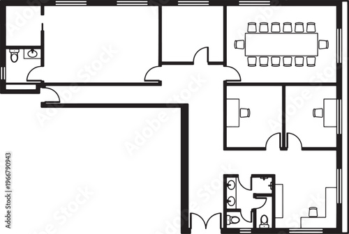 An architectural plan for an office space. It represents a precise and detailed drawing, outlining the layout of a building or a room. It captures architectural and structural elements.