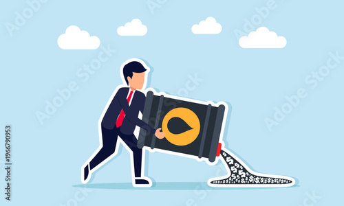 Businessman pouring oil with dollar sign from barrel illustration of abundant oil reserves amid rising oil valuation and increasing market prices