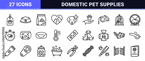 Domestic Pet Care and Veterinary Medicine Monoline Line Art Featuring Minimalist Animal Supply and Grooming Equipment Geometric Outlines.