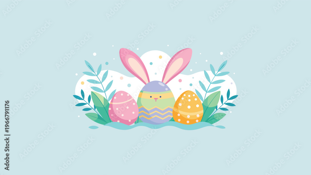 Fototapeta premium Cute Happy Easter Vector Illustration with Bunny Ears, Pastel Eggs, Flowers and Butterflies