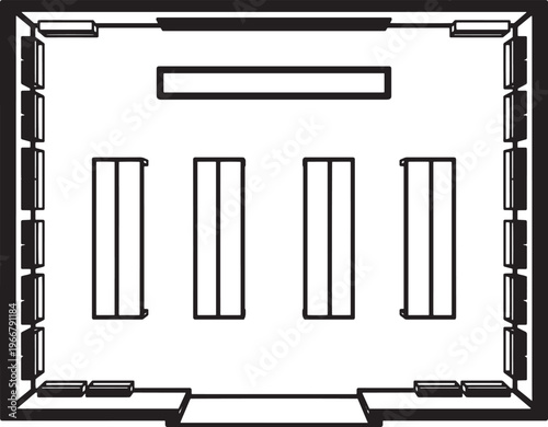 Empty retail store layout diagram, showcasing a top-down view of the store plan. The blueprint layout focuses on a minimalistic graphic style that highlights the core retail shop framework. 