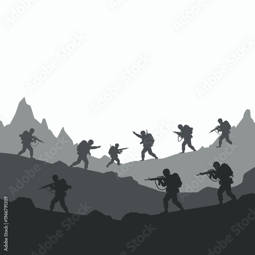 Silhouette soldiers advancing on rocky terrain with guns, military operation concept
