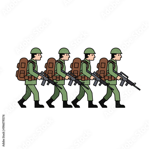 Four Soldiers Marching with Rifles and Backpacks - Pixel Art Style