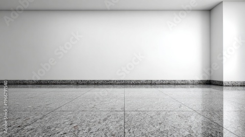 Empty room with polished granite floor and white walls offers a clean space.