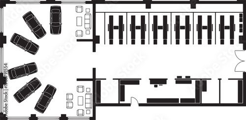 Modern architectural design showing a car park. The cars are arranged to ensure ease of navigation.