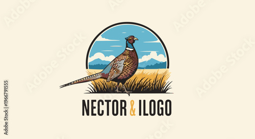 A pheasant stands in golden grass under a sky with clouds and mountains