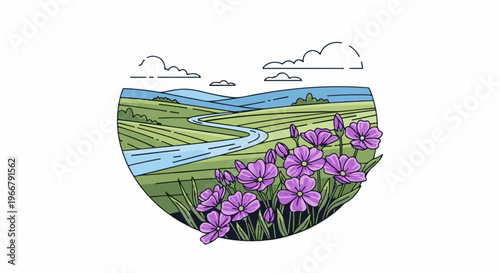 A picturesque landscape with purple flowers, a winding river, and rolling green hills under a blue sky