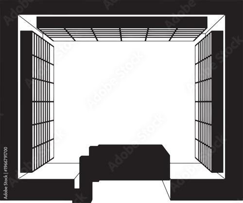 A stark interior scene of a concert hall, the image reveals a minimalistic presentation. The image showcases the architectural precision, capturing the core elements of the space.