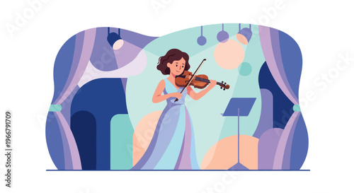Female Violinist Performing Violin on Stage Music Concert Art Performance Vector Illustration