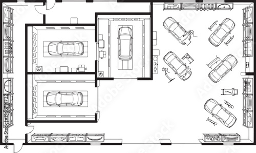 Detailed architectural layout of a car workshop, illustrating various workstations, parking bays, and operational spaces, offering a comprehensive view of functionality and design.